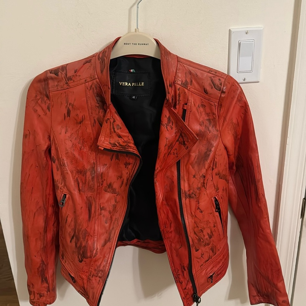 Red leather jacket, real Italian leather, fits like XS.